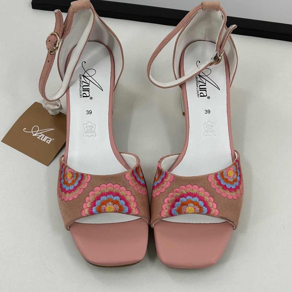 Azura European Luxury Pink Suede Embroidered Block Heel Sandals Size 39 NEW